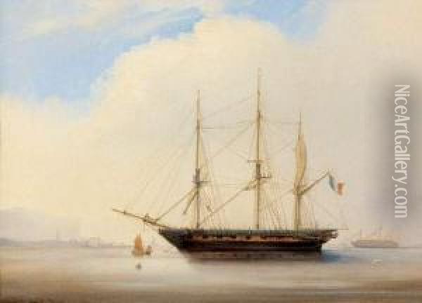 Un Navire Ancre Devant Un Rivage Oil Painting - Jean Baptiste Henri Durand-Brager