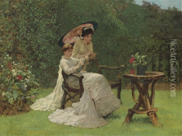 Two Women In A Garden Oil Painting - Hector Caffieri