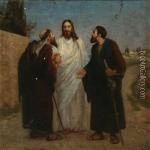 Two Of The Disciples Meeting The Resurrected Jesus On Theway To Wmmaus Oil Painting - Hans Anderson Brendekilde