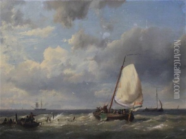 Fishing Boat And Other Vessels Off The Coast Oil Painting - Johannes Hermanus Barend Koekkoek