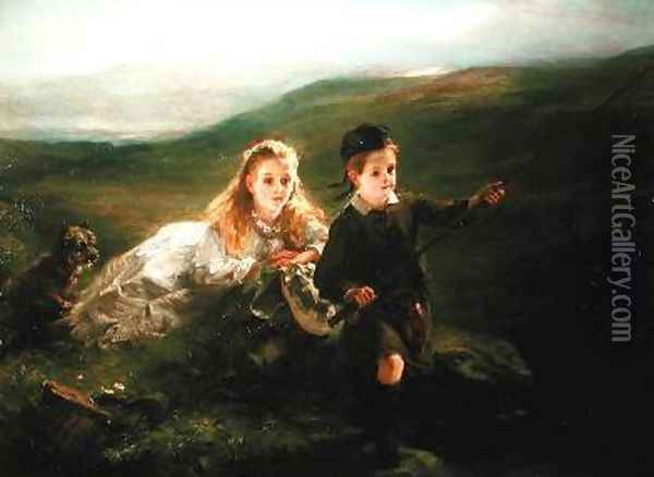Two Children Fishing in Scotland Oil Painting - Otto Leyde