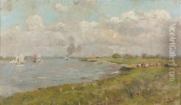 Sommerliche Uferpartie Mit Segelbooten Oil Painting - Ernest Rocher