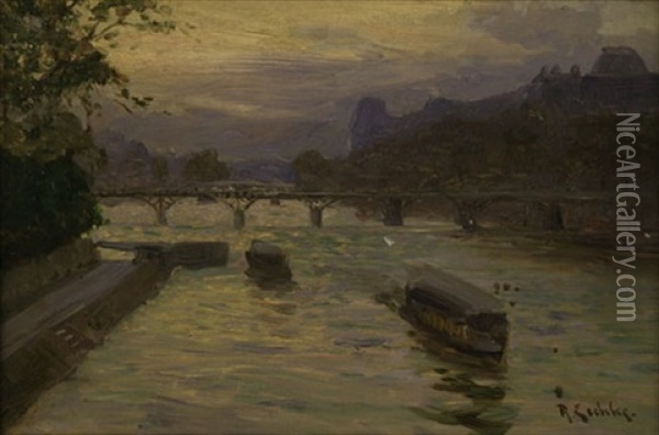 Die Seine Bei Paris Mit Dem Pont Des Arts Und Dem Louvre Im Abendlicht Oil Painting - Richard Hermann Eschke