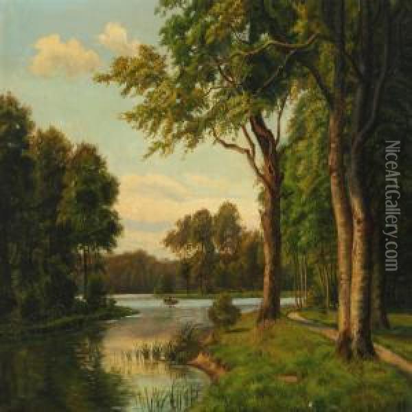 A Danish Summer Landscape With Rowing Boat On A Forestlake Oil Painting - Carsten Henrichsen