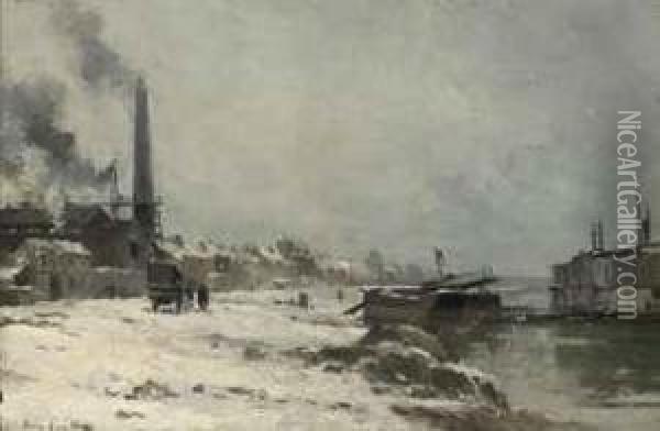 Figures By A Factory On A River, Winter Oil Painting - Pierre Vauthier