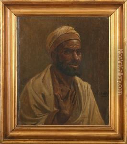 Portrait Of A Mand With Turban. Signed A. Schiott Oil Painting - August Heinrich Schiott