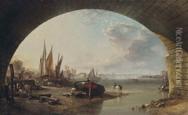 Looking Towards Old Vauxhall Bridge, From Under An Arch Of Westminster Bridge, London Oil Painting - George Clarkson Stanfield