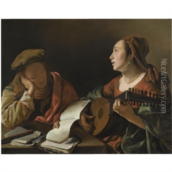 A Young Lady Playing The Lute To A Young Man Reading, Or An Allegory Of Sight And Hearing Oil Painting - Govaert Flinck