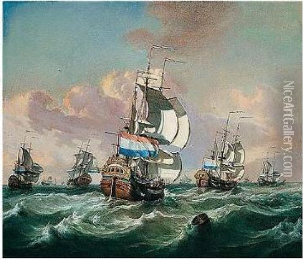 A Squadron Of Dutch Indiamen In Choppy Seas Oil Painting - Jan Claes Rietschoof