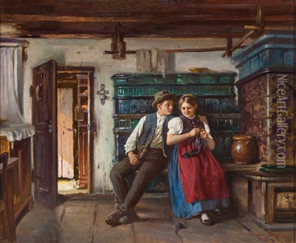 Junges Paar In Tracht In Der Stube Am Kachelofen Sitzend Oil Painting - Carl Kricheldorf