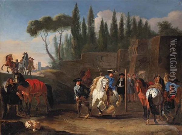 An Italianate Landscape With A White Stallion Being Trained At A Riding School Oil Painting - Pieter van Bloemen