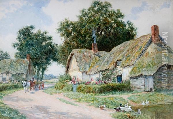 A Thatched Cottage On A Country Lane, With A Horse And Cart, And Ducks By A Pond Oil Painting - Arthur Claude Strachan