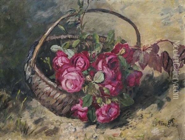 Rote Rosen In Einem Weidenkorb Oil Painting - Anna Peters