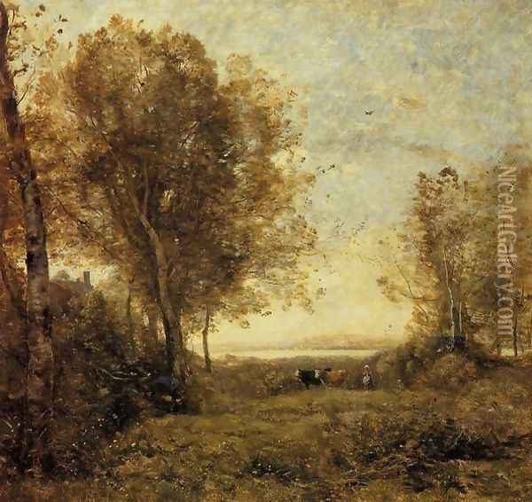 Morning - Woman Hearding Cows Oil Painting - Jean-Baptiste-Camille Corot