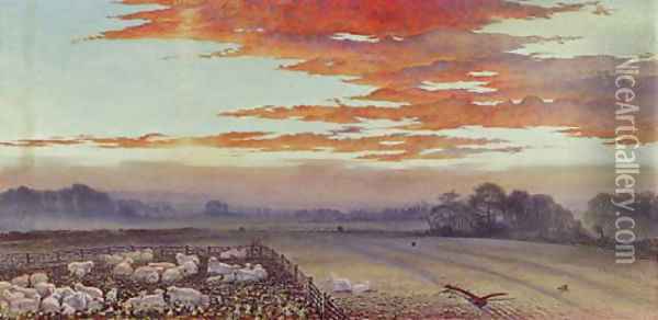 Sunset an extensive landscape with sheep in a pen, a wood beyond Oil Painting - English School