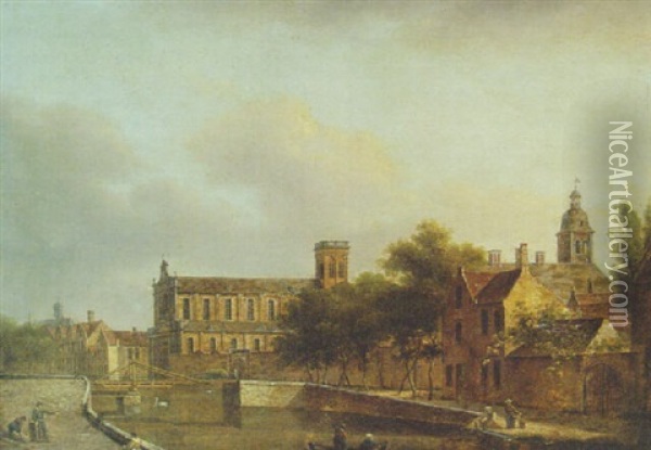 A Town By A River Oil Painting - Johannes Huibert (Hendric) Prins