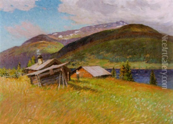 Norrlandskt Sommarlandskap Med Byggnader Vid Alven Oil Painting - Anton Genberg