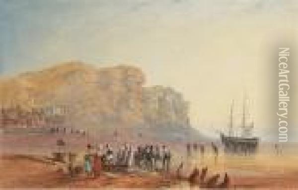 A Fish Market On The Beach At Hastings Oil Painting - David I Cox
