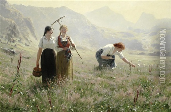 Three Girls In A Meadow Oil Painting - Hans Dahl