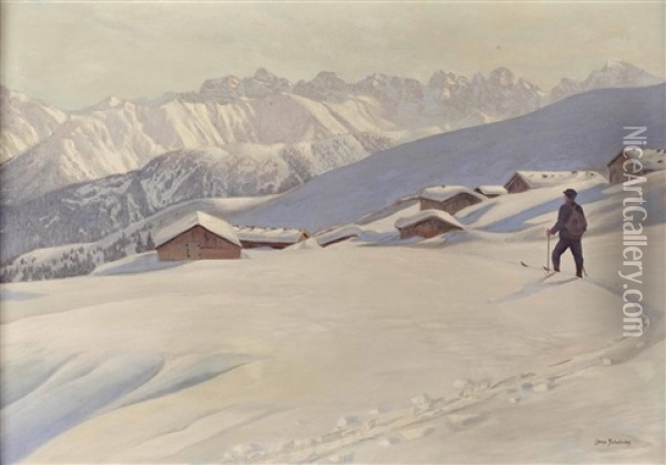 Schifahrer Auf Hochalm Oil Painting - Leopold Scheiring