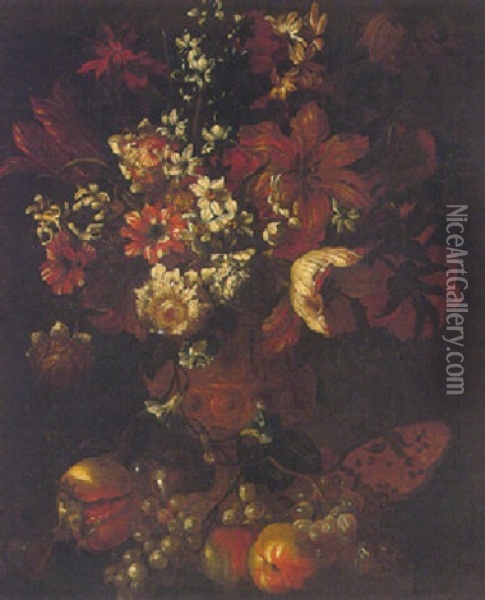 Still Life Of Various Flowers In An Ormulu Vase, With Watermelon, Pomegranate, Grapes And Peaches Oil Painting - Andrea Belvedere