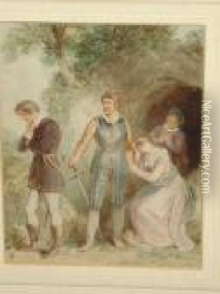 Gentlemen And A Young Maiden By A Tree Oil Painting - Thomas Stothard
