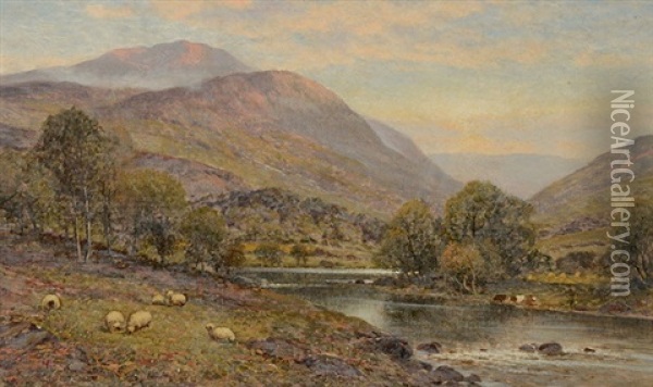 A Mountainous River Landscape With Sheep Oil Painting - Alfred Glendening Jr.