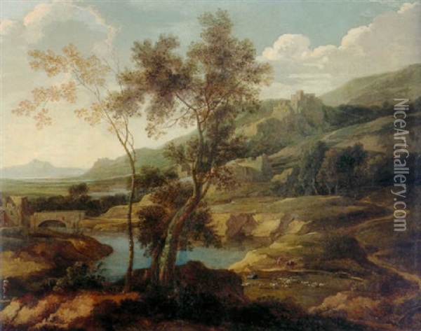 River Landscape With Shepherds And Their Flock Oil Painting - Gaspard Dughet