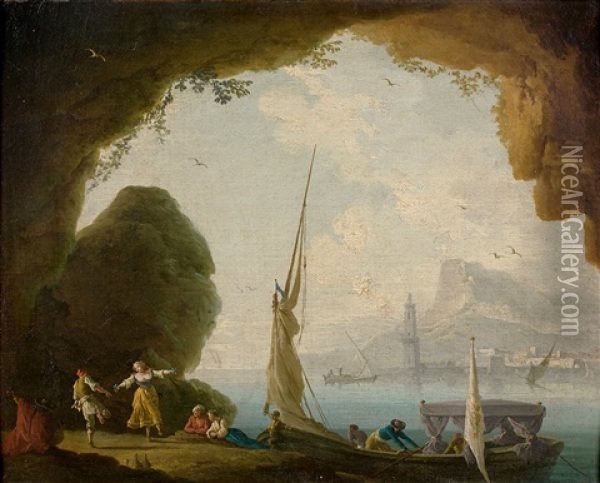 Vue D'un Port Depuis Une Grotte Animee De Personnages Oil Painting - Charles Francois Lacroix