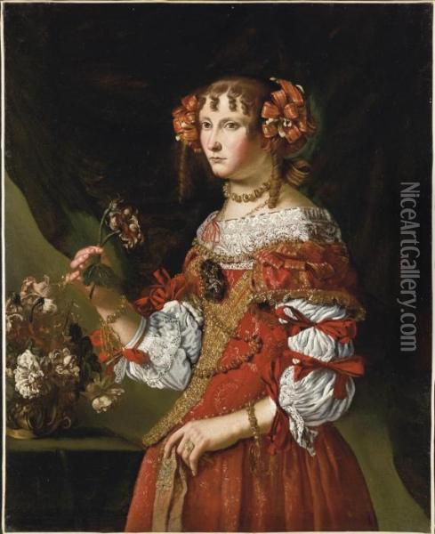 Ritratto Di Giovane Donna In Abito Rosso Oil Painting - Pier Francesco Cittadini Il Milanese