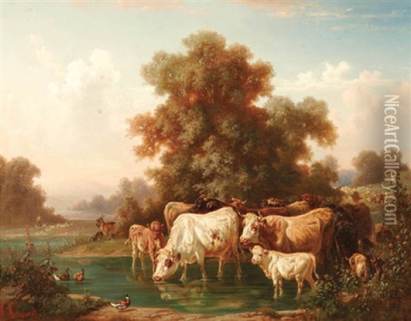 Cattle Watering Oil Painting - Louis (Ludwig) Reinhardt