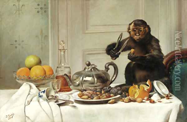 A mischiveous monkey Oil Painting - Jules Guerin