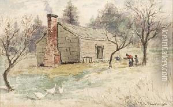 Southern Cabin Scenedepicting Two African-american Figures Outside A Country Cabin Oil Painting - Frank Henry Shapleigh