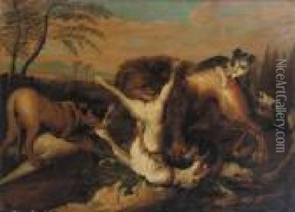 A Lion Chasing Hounds In A Landscape Oil Painting - Adriaen Cornelisz. Beeldemaker