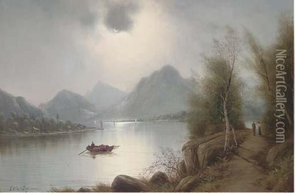A Lake By Moonlight Oil Painting - Nils Hans Christiansen
