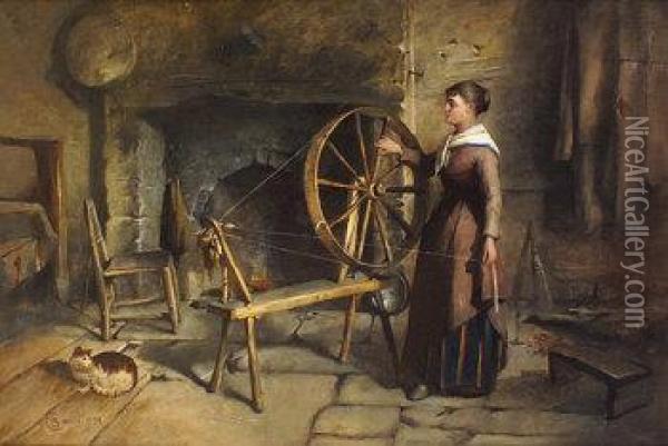 A Girl Spinning By A Hearthside Oil Painting - Richard Staunton Cahill