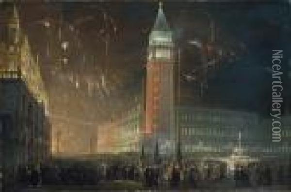 A Fireworks Display Over Saint Mark's Square, Venice Oil Painting - Francesco Zanin