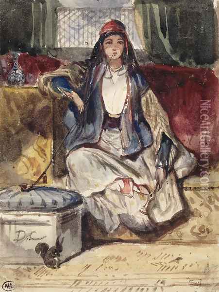 Jeune orientale assise sur un divan fumant dans un interieur avec un ecureuil Oil Painting - Alexandre Gabriel Decamps