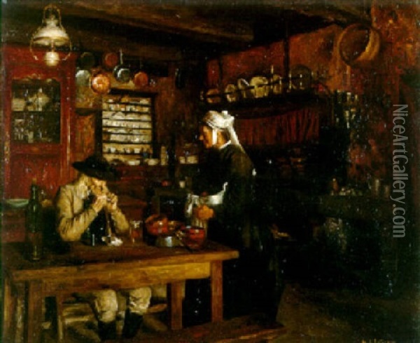 Diner Dans Un Interieur Breton Oil Painting - Henry d' Estienne