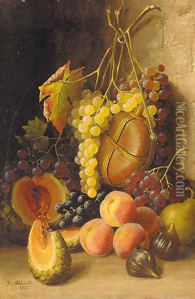 Grapes, peaches, figs, a melon and a wine flask against a wall Oil Painting - Giuseppe Falchetti