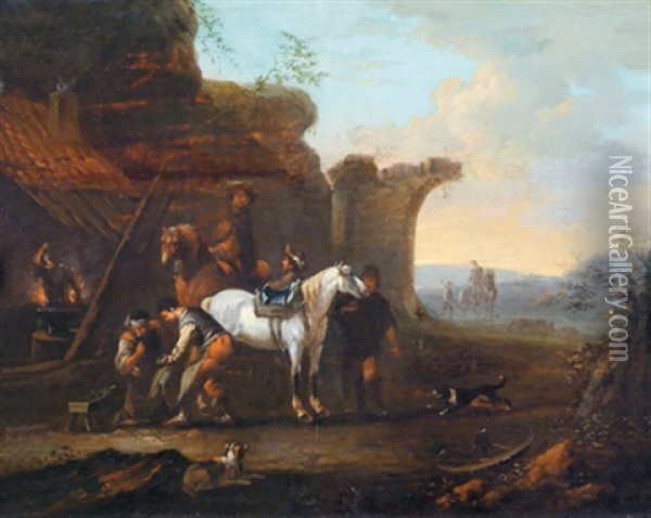 Ein Schimmel Vor Der Schmiede Oil Painting - Pieter van Bloemen