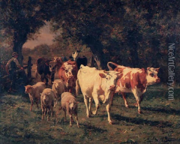 La Sortie De Troupeau Oil Painting - Adolphe Charles Marais