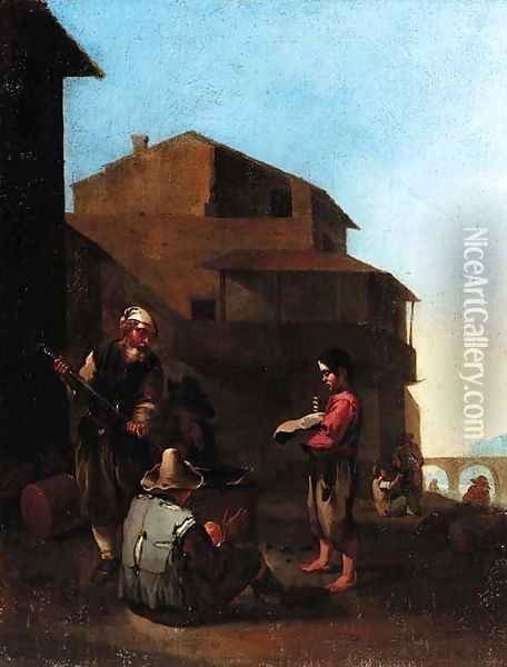 An Italianate town with peasants cooking at a fire Oil Painting - Jan Miel