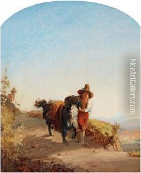 Boy With Dog, Motif From The Roman Capagnan Oil Painting - Gustaf Uno Troili