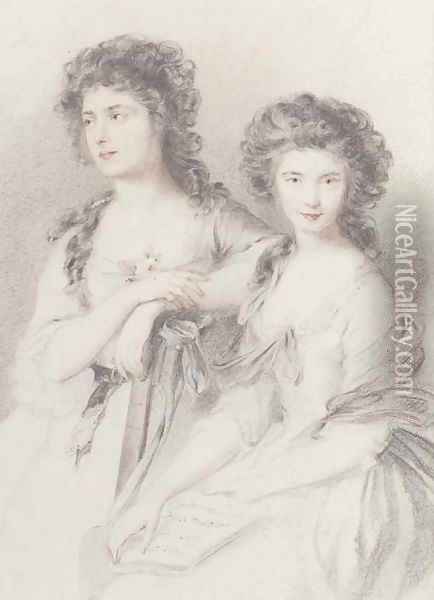 Double portrait of Elizabeth Ann Linley and her sister, Mary, three-quarter-length, in white dresses Oil Painting - Thomas Gainsborough