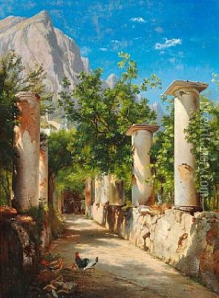 Ancient Columns, Italy. In The Background Figures At The Well. Presumably From Capri Oil Painting - Carl Frederik Peder Aagaard