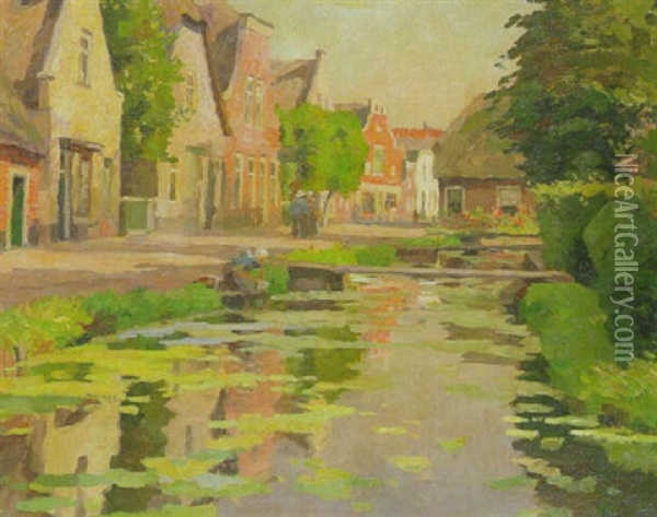 A Sunlit Lane Along A Canal Oil Painting - Victor Olivier Gilsoul