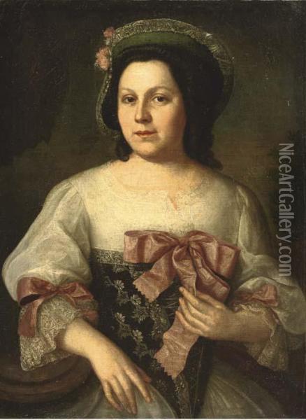 Portrait Of A Lady, Half-length, In A Black And White Embroidered Dress With Pink Ribbons And A Green Hat With Flowers Oil Painting - Franz Lippold
