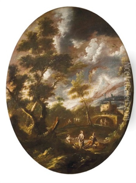 A Landscape With Washerwomen On The Edge Of A River Oil Painting - Alessandro Magnasco