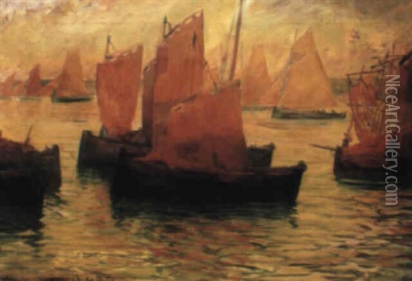 Barques Sardinieres Aux Voiles Rouges Oil Painting - Charles Cottet